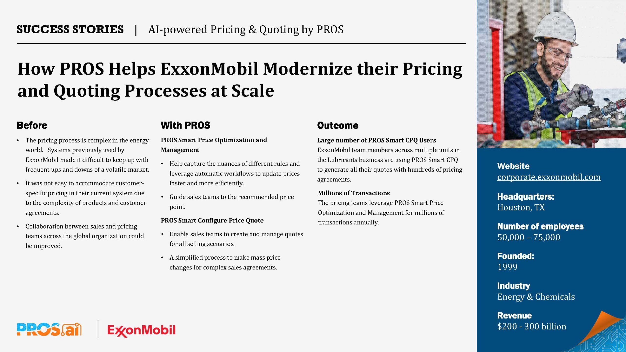 How PROS Helps ExxonMobil Modernize their Pricing and Quoting Processes at Scale, one pager