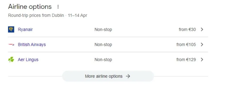 Airline Options, screenshot