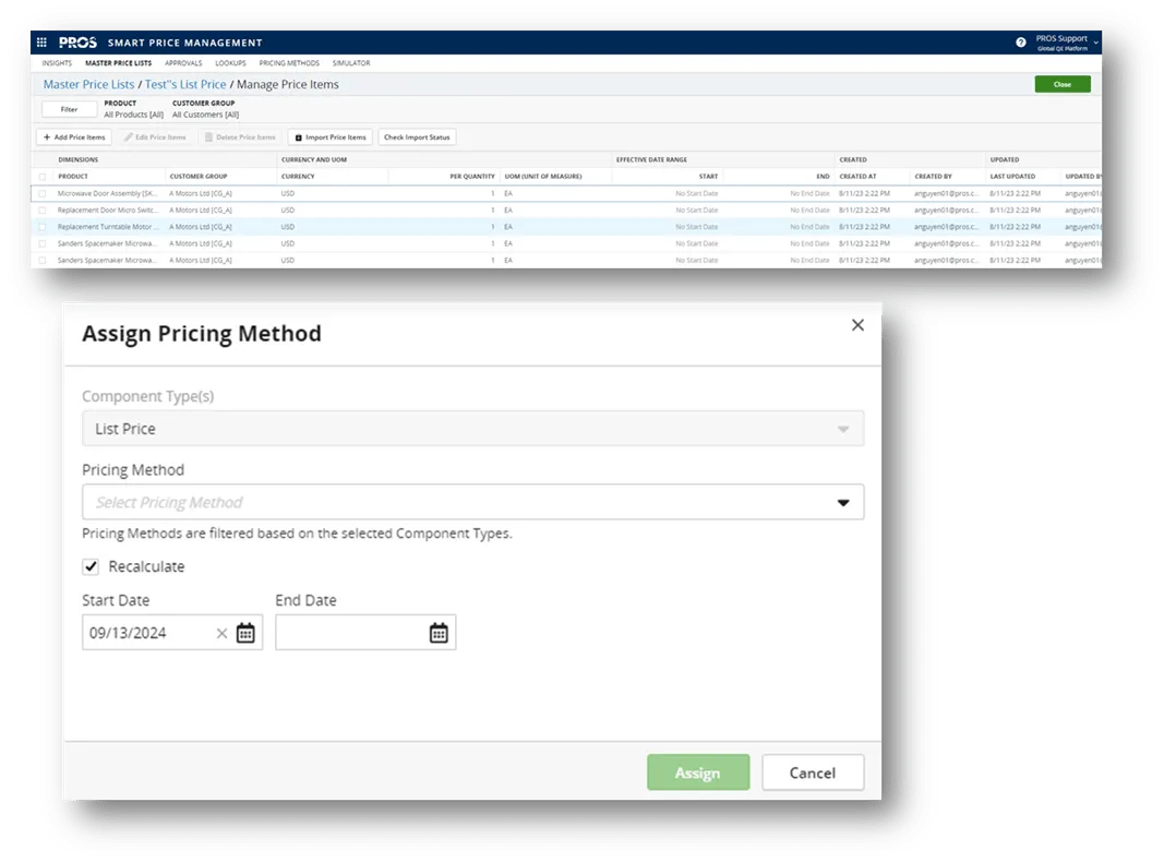 PROS price management assign pricing method graphic