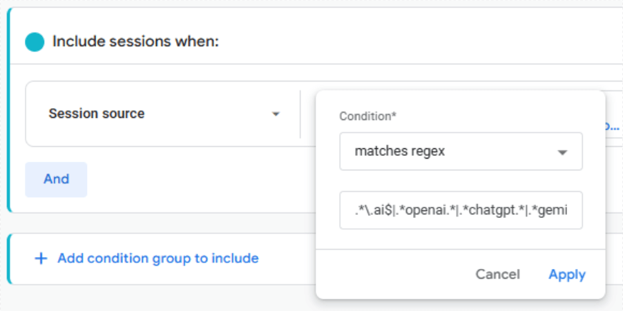 Session source regex condition GA4