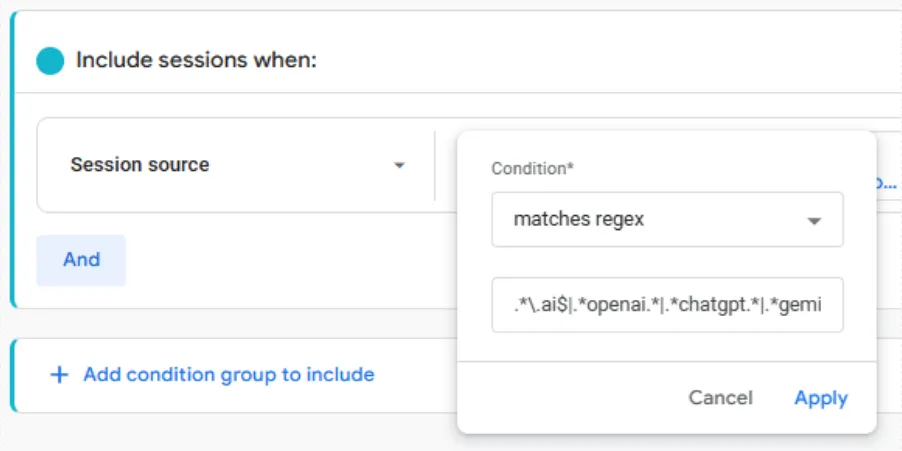Session source regex condition GA4