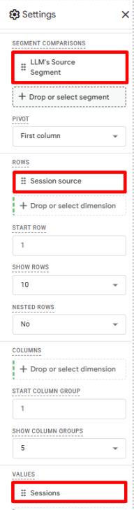Segment, Session Source and Sessions in Settings GA4
