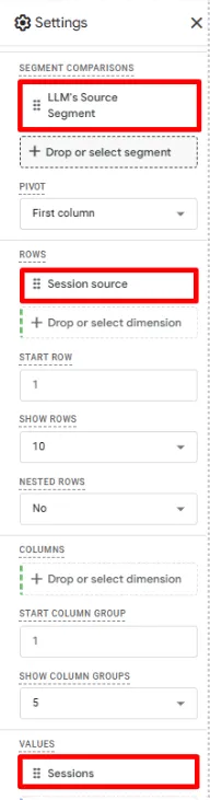 Segment, Session Source and Sessions in Settings GA4