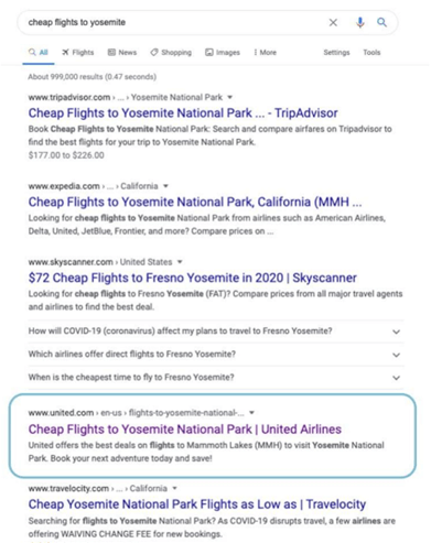 Cheap flights to Yosemite example, screenshot