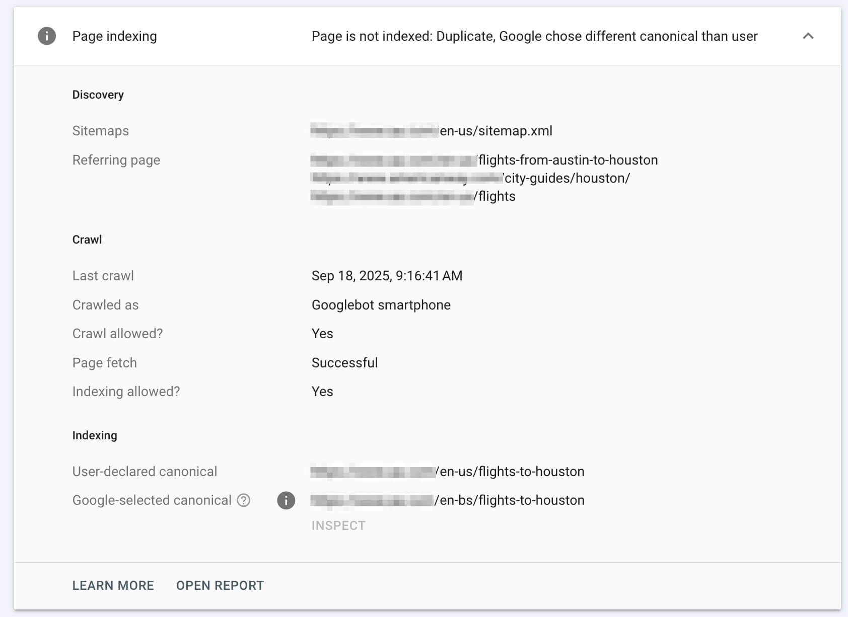 Flights to Houston Indexing Report