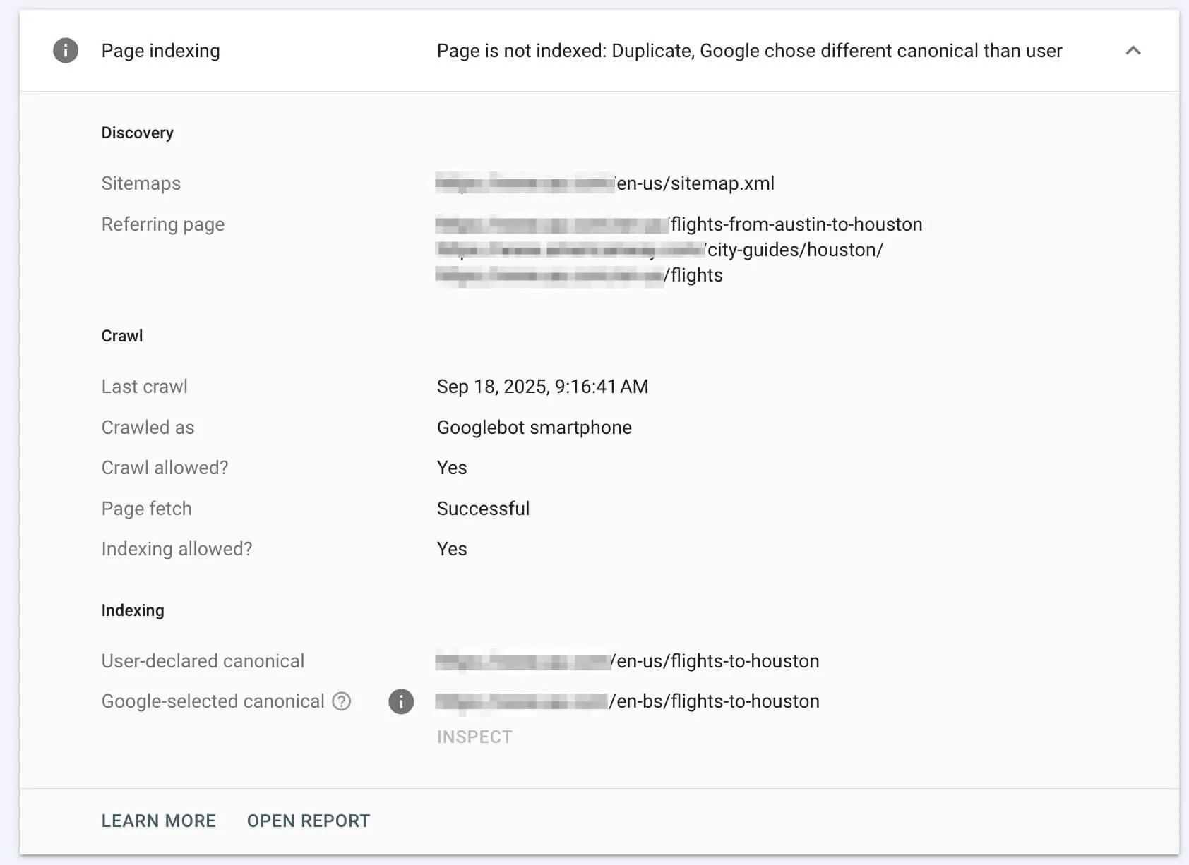 Flights to Houston Indexing Report