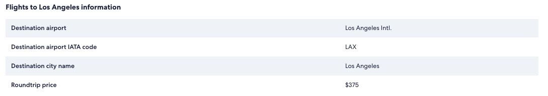 Expedia's Flights to LA HTML Table